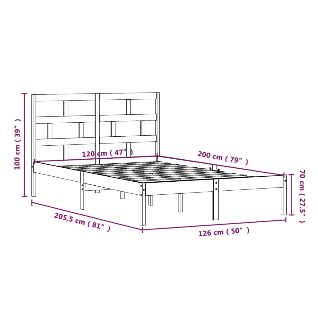 vidaXL Rúmgrind án Dýnu Hvít Gegnheil Viður 120x200 cm