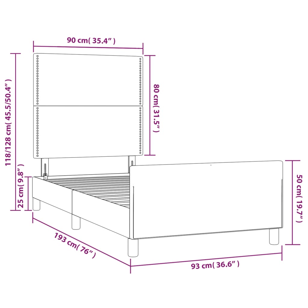 vidaXL Rúmgrind með Höfðagafli Dökkgrá 90x190 cm Tauáklæði