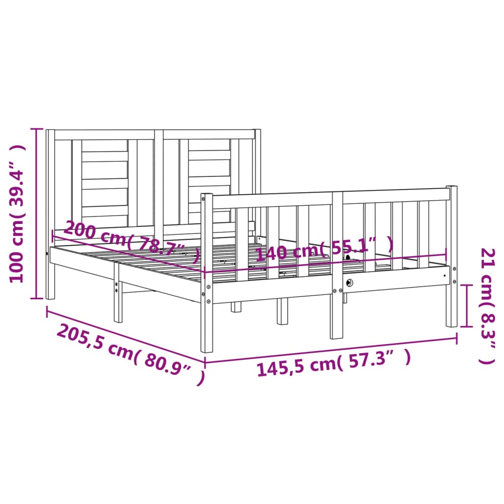 vidaXL Rúmgrind með Höfuðgafli Hvít 140x200 cm Gegnheill Viður