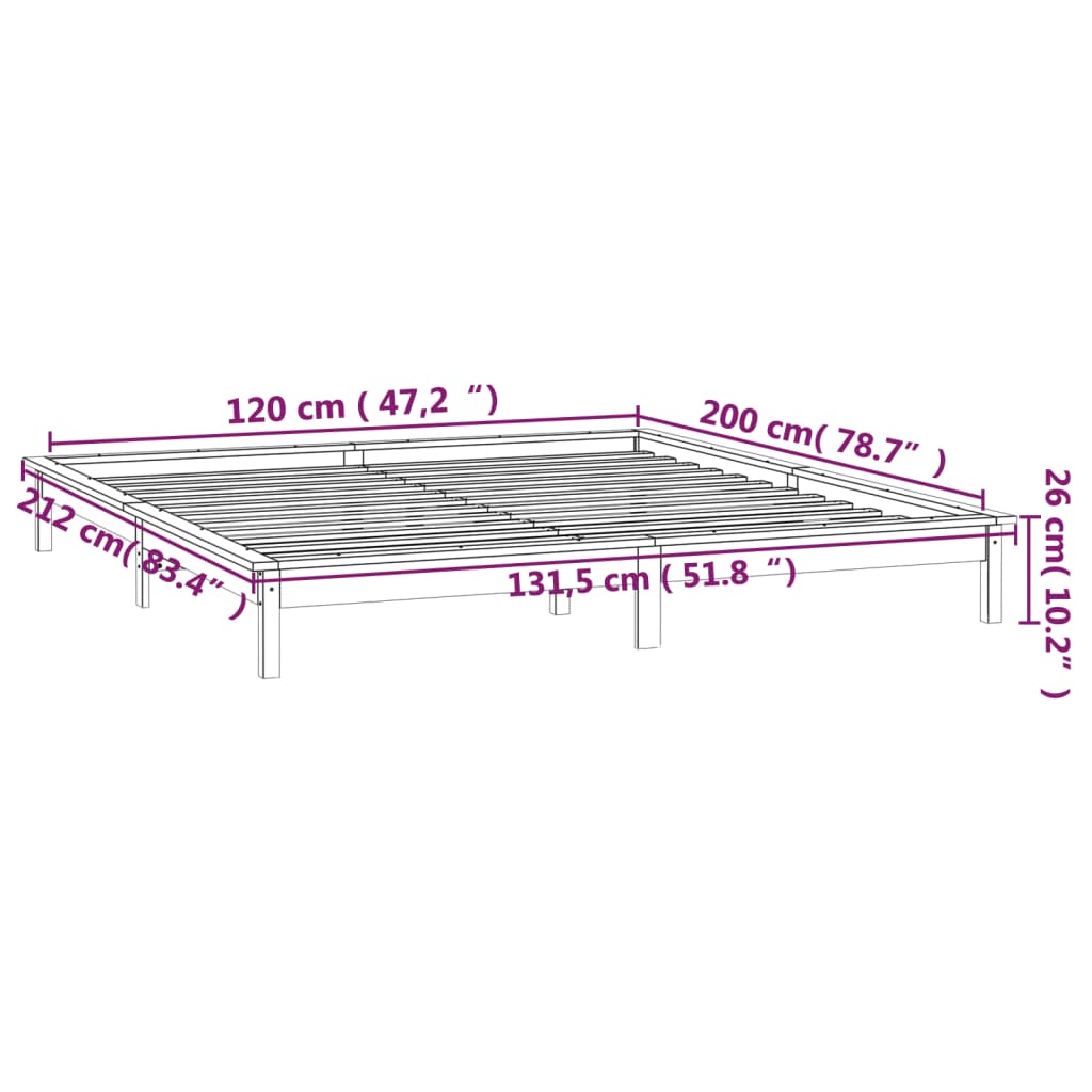 vidaXL LED Rúmgrind Grá 120x200 cm Gegnheill Viður