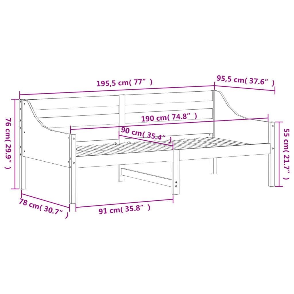 vidaXL Svefnsófi án Dýnu Hvítt 90x190 cm Gegnheil Fura