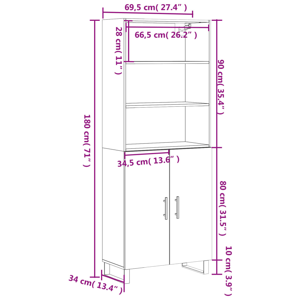 vidaXL Hár Skápur Hvítur 69,5x34x180 cm Samsettur Viður