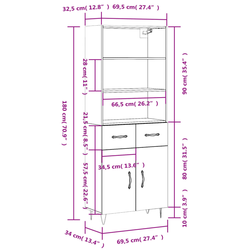 vidaXL Hár Skápur Reyktóna Eikarlitur 69,5x34x180 cm Samsettur Viður