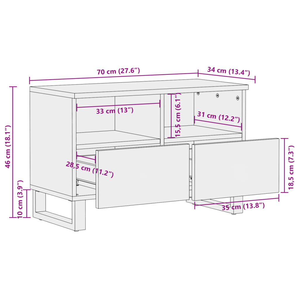 vidaXL Sjónvarpsskápur Hvítur 70x34x46 cm Gegnheill Mangóviður