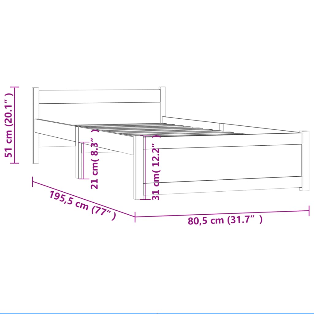 vidaXL Rúmgrind án Dýnu Gegnheill Viður Svartur 75x190 cm