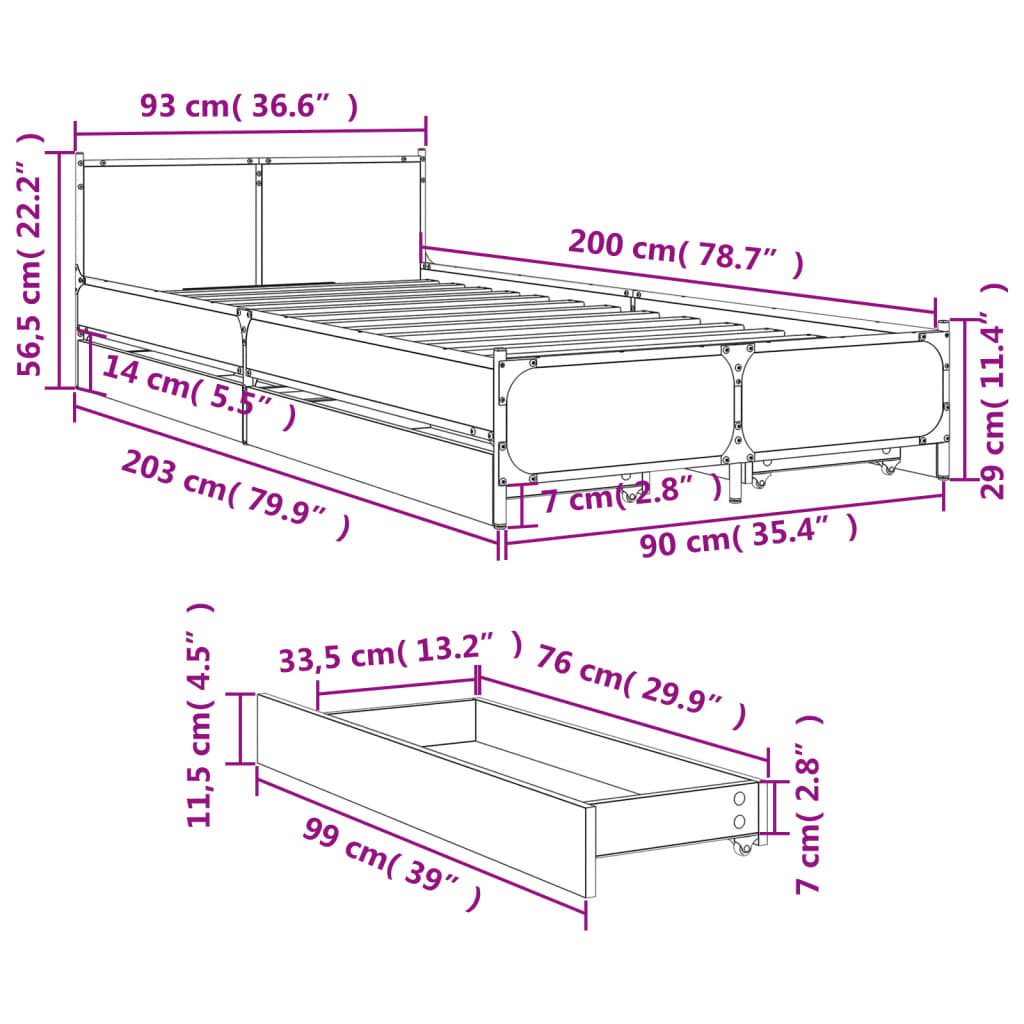 vidaXL Rúmgrind með Skúffum án Dýnu Reyktóna Eikarlitur 90x200 cm