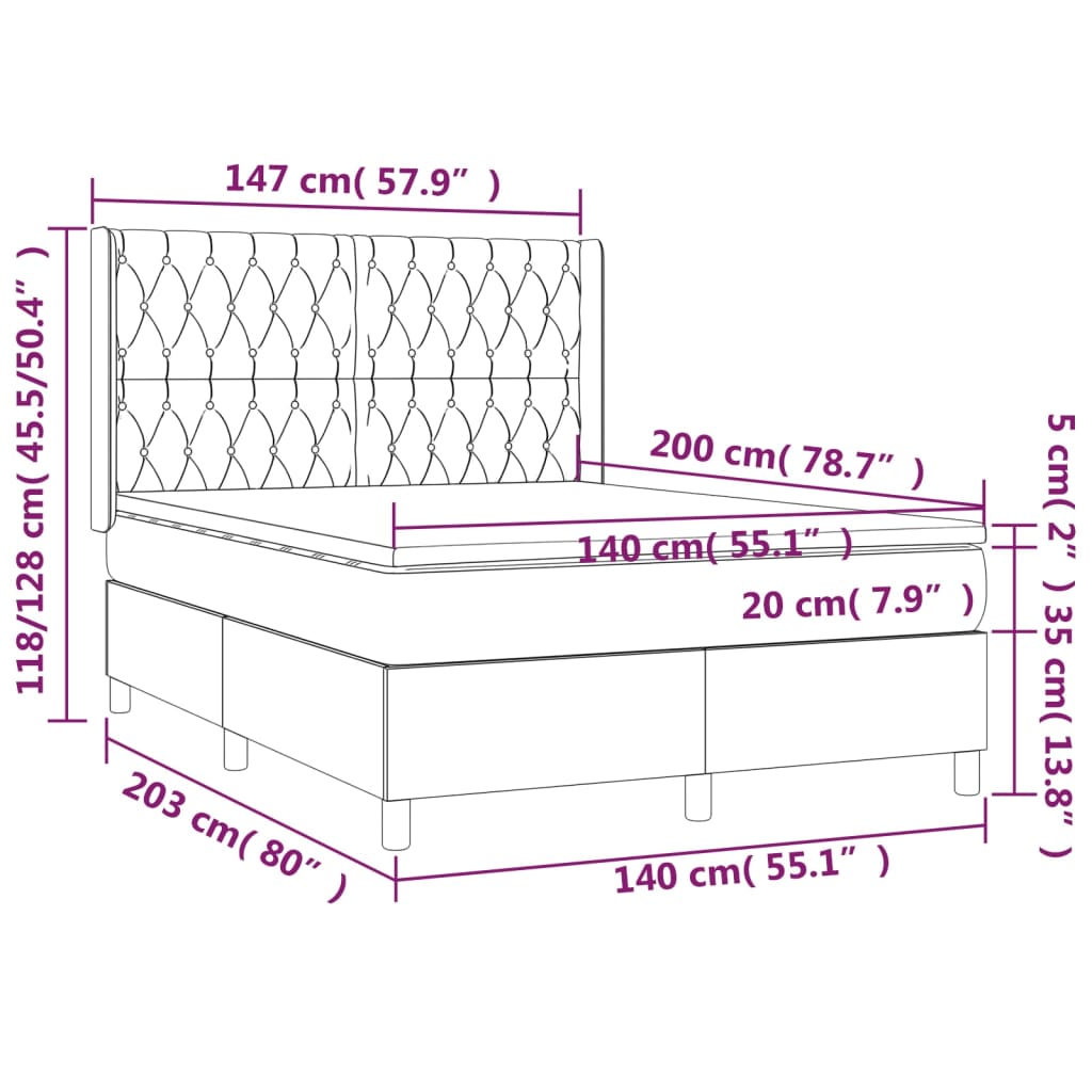 vidaXL Hólfað Springrúm með Dýnu og LED Mógrár 140x200cm Tauefni