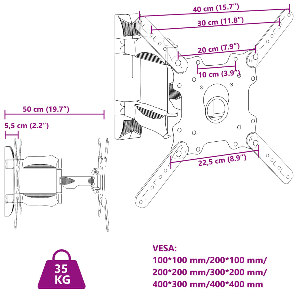 vidaXL Sjónvarpsveggfesting fyrir 32-55" skjá Hám VESA 400x400 mm 35kg