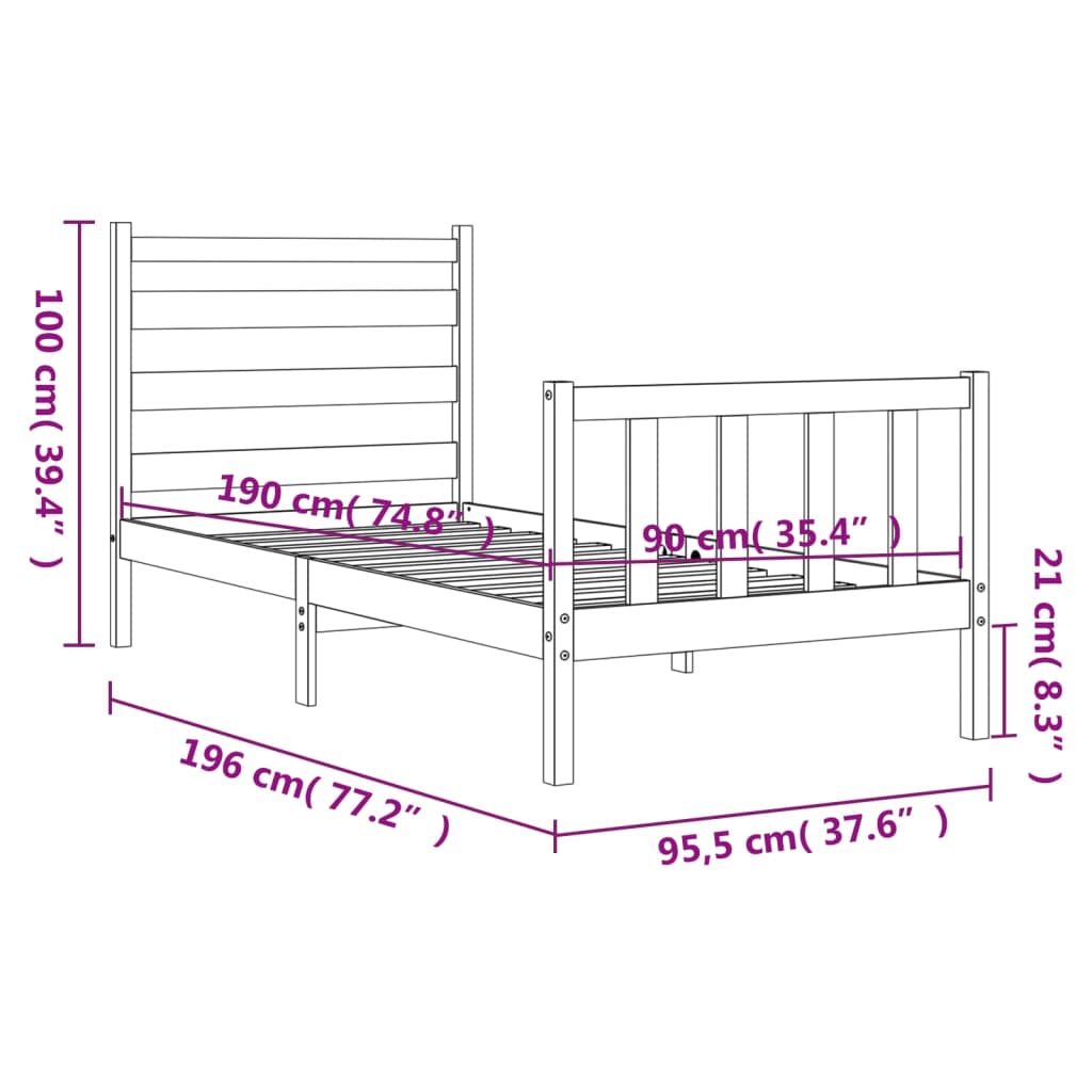 vidaXL Rúmgrind með Höfuðgafli Hvítur 90x190 cm Gegnheill Viður