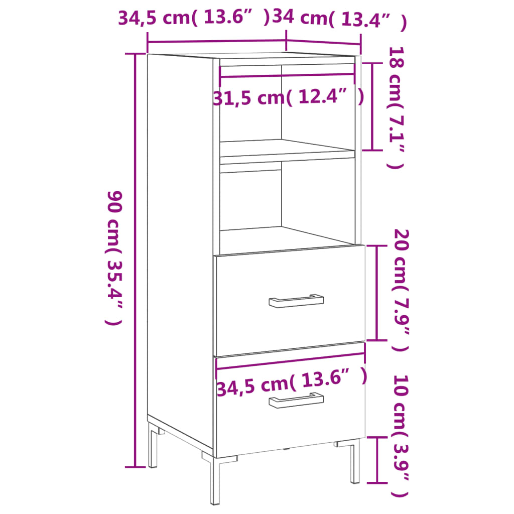 vidaXL Skenkur Sonoma Eik 34,5x34x90 cm Samsettur Viður