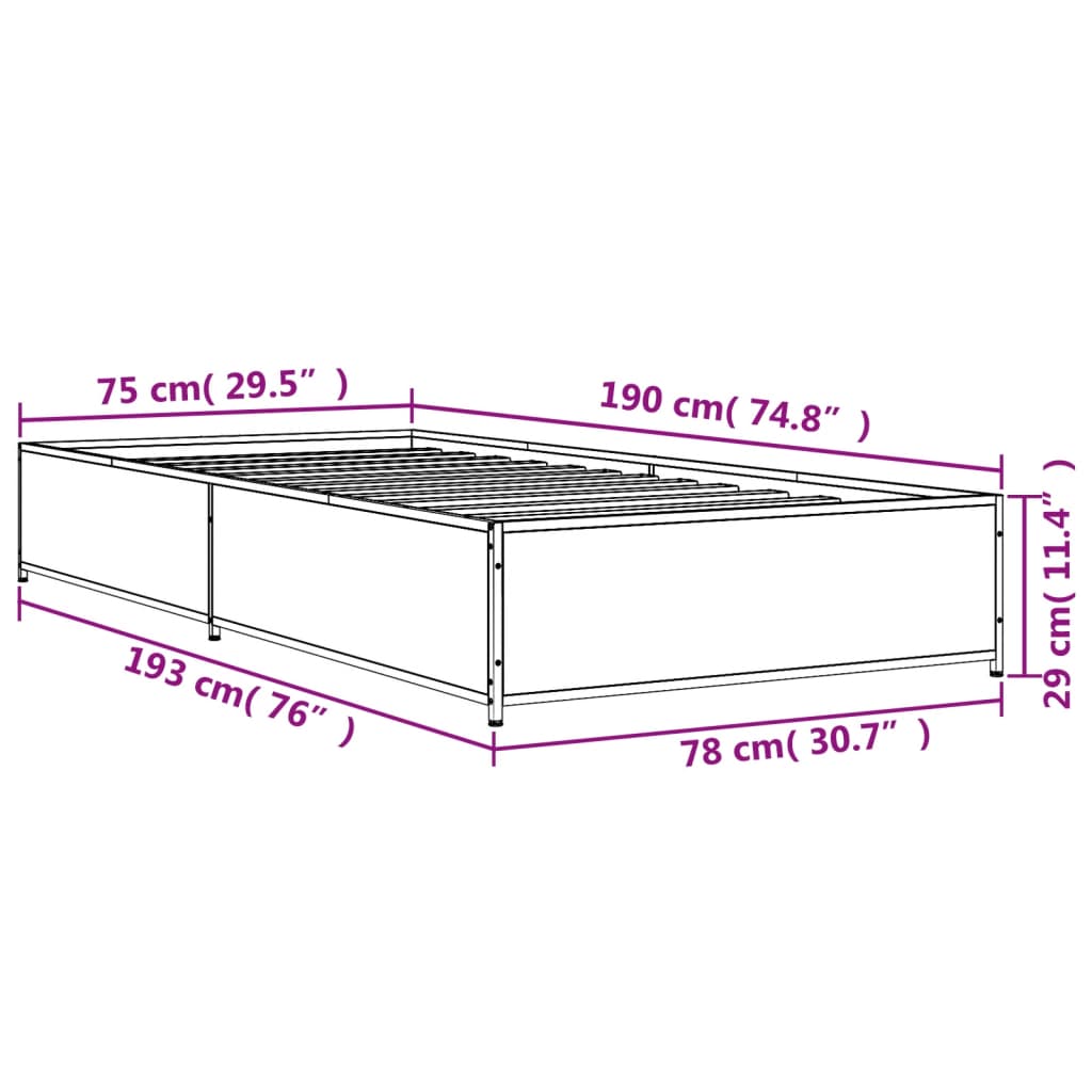 vidaXL Rúmgrind án Dýnu Reyktóna Eikarlitur 75x190 cm