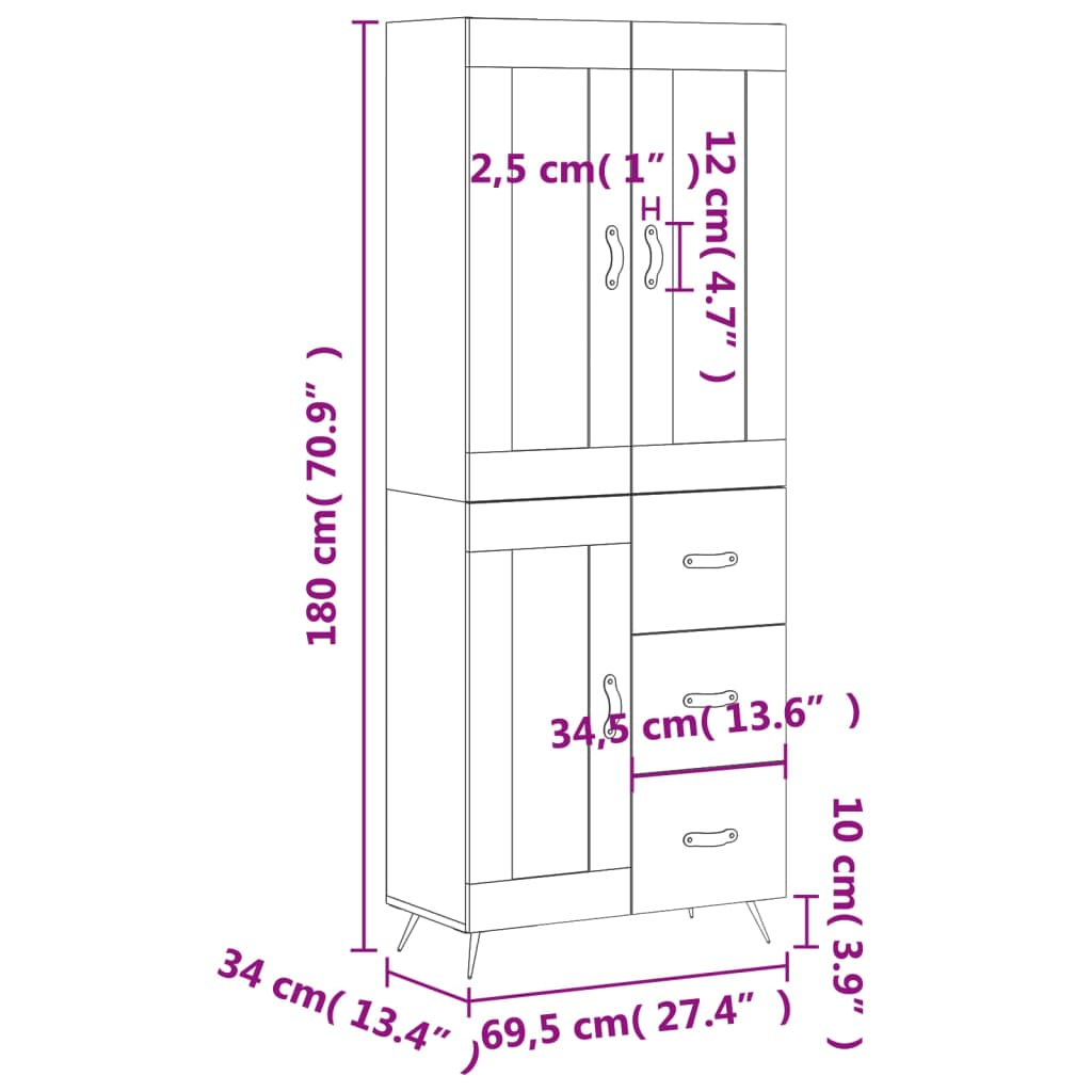 vidaXL Skenkur Háglans hvítt 69,5x34x180 cm Samsettur Viður