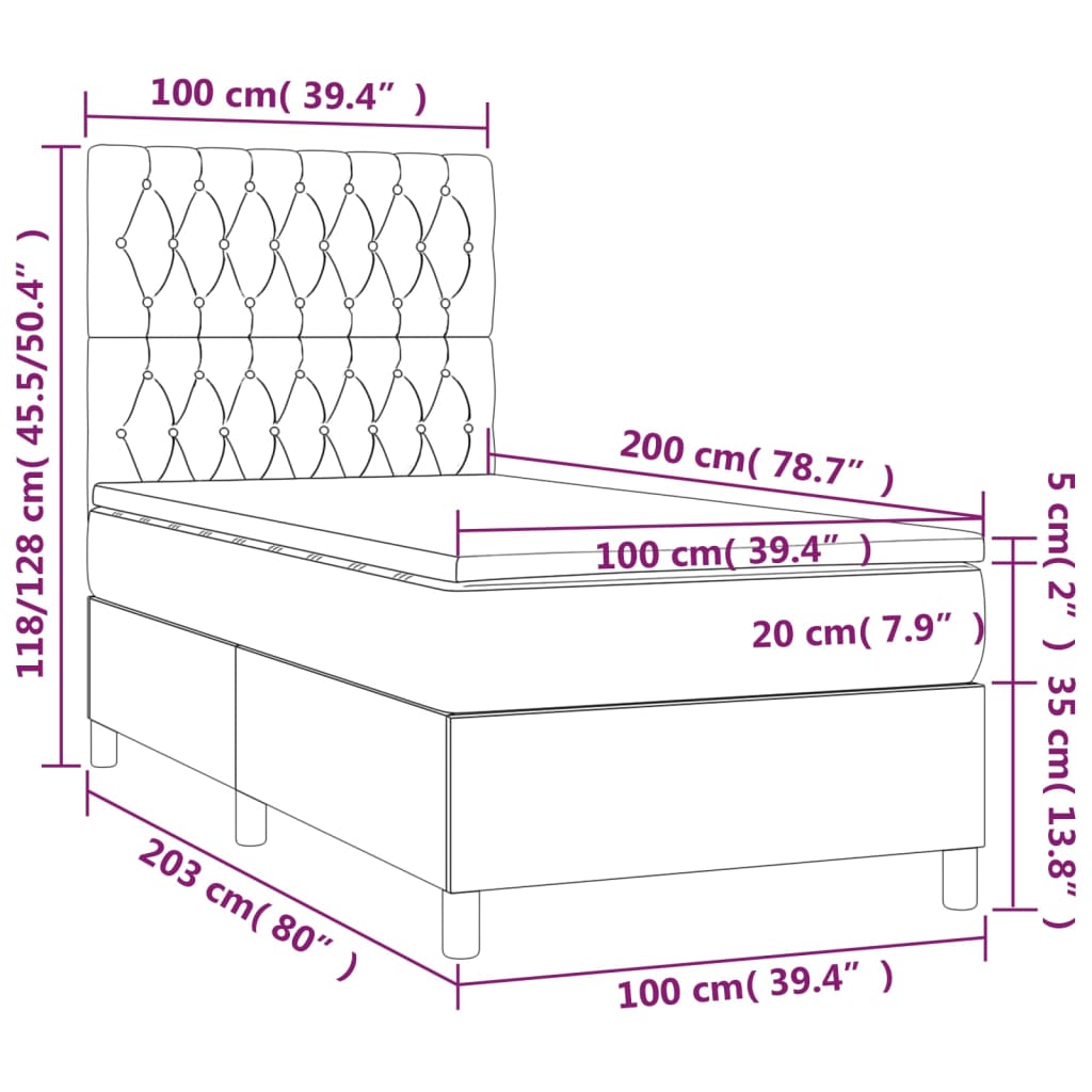 vidaXL Hólfað Springrúm Dökkgrátt 100x200 cm Tauefni