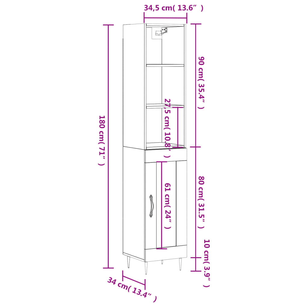 vidaXL Hár Skápur Steypugrár 34,5x34x180 cm Samsettur Viður