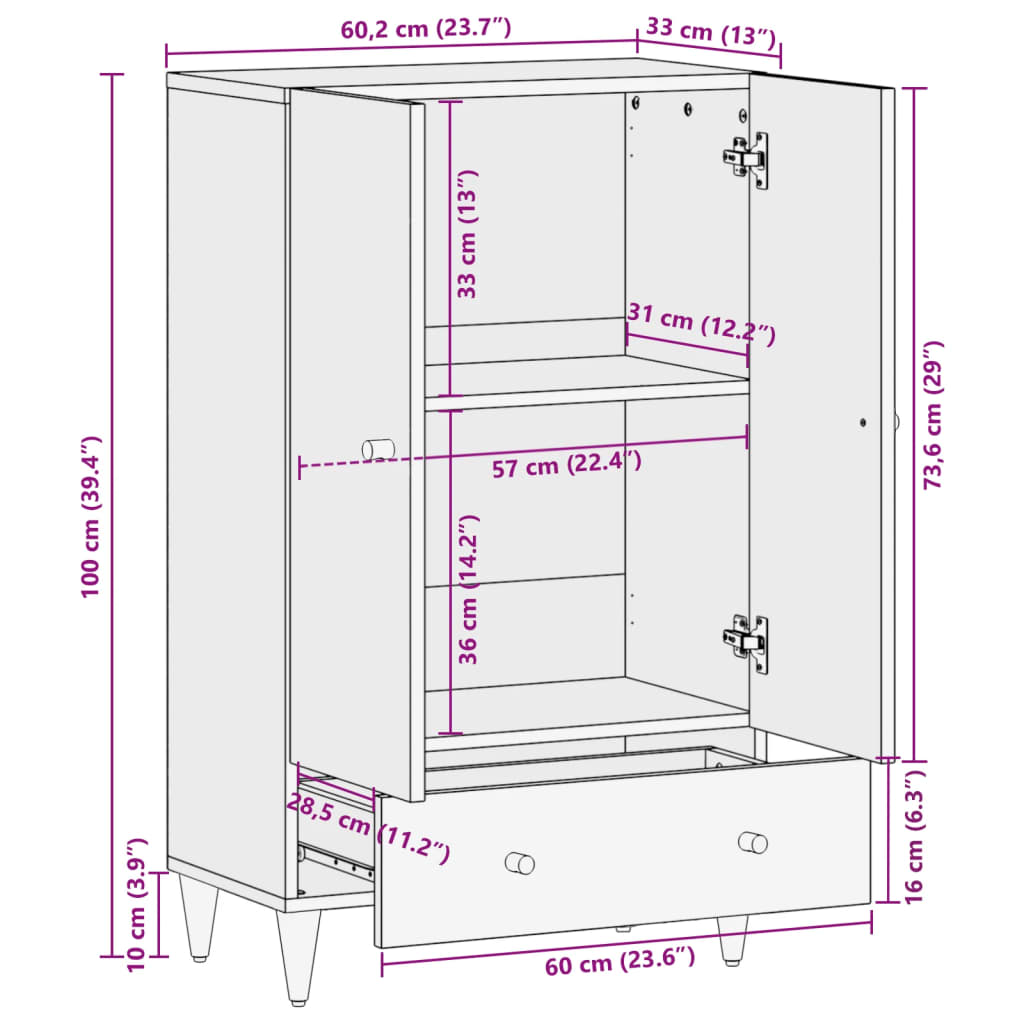 vidaXL Hár Skápur 60x33x100 cm Gegnheill Mangóviður