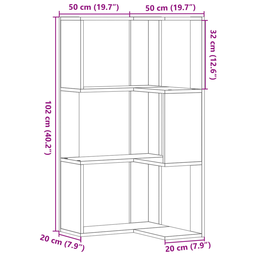 vidaXL Hornbókahilla með 3 Hillum 50x50x102 cm Hvítur Samsettur Viður