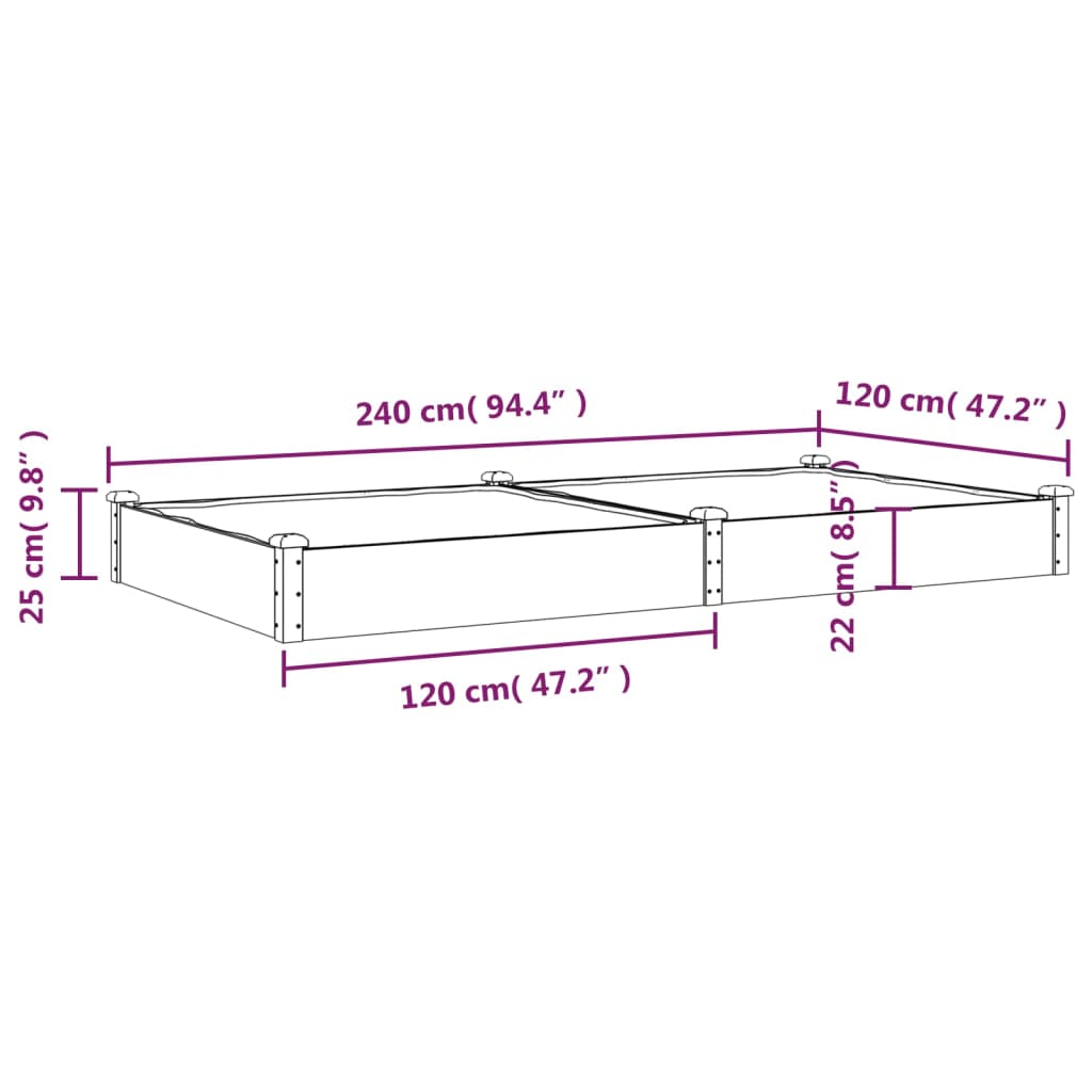 vidaXL Upphækkað Garðker með Fóðri Brún 240x120x25 cm Gegnheill Þinur