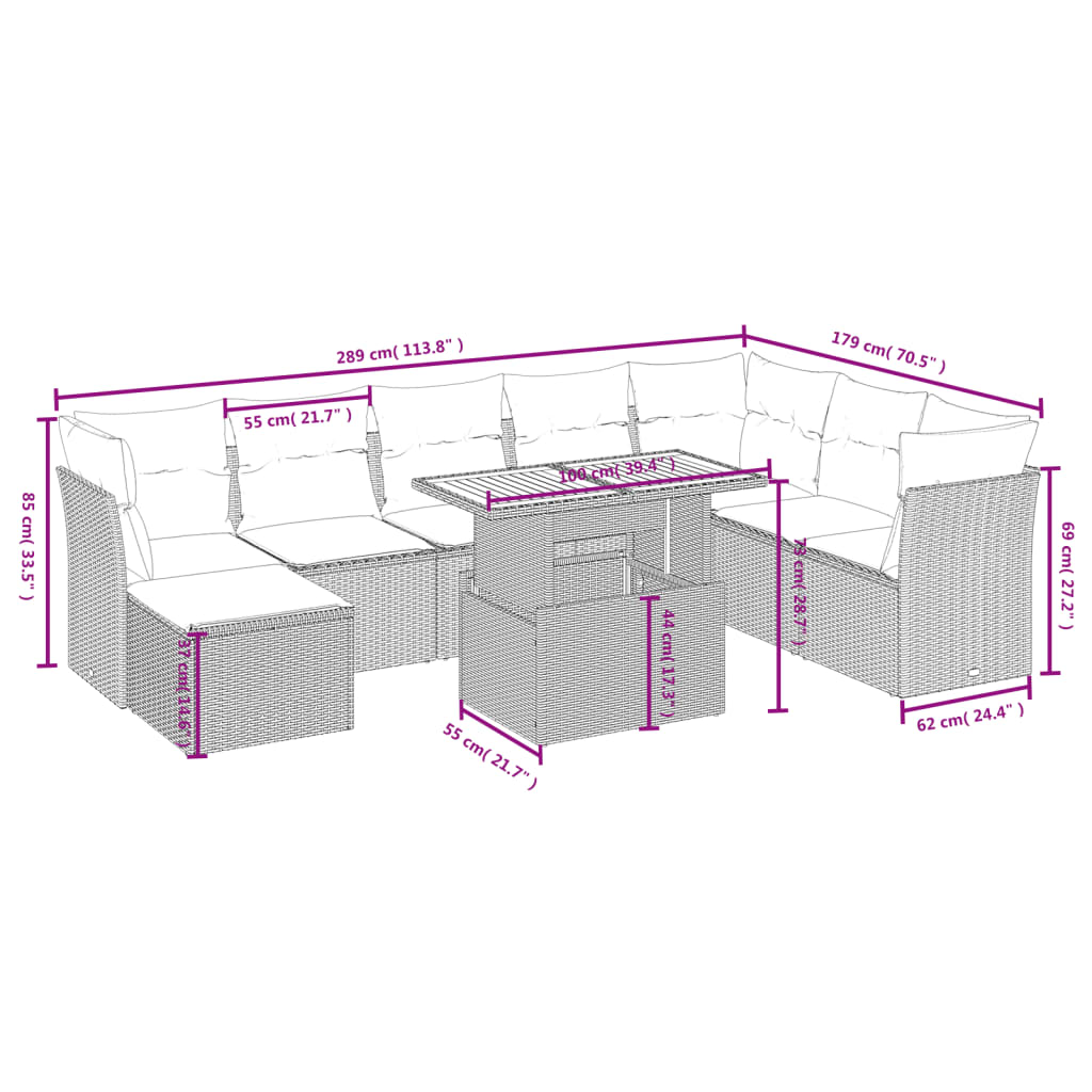 vidaXL 9 Stk. Garðhúsgagnasett með Sessum Pólýrattan Svart