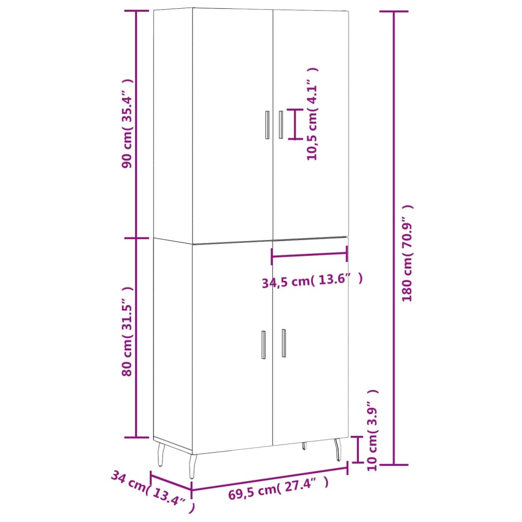 vidaXL Hár Skápur Grár Sonoma 69,5x34x180 cm Samsettur Viður