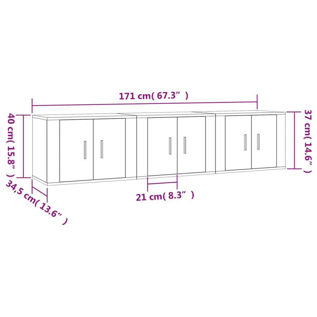 vidaXL Vegghengdir Sjónvarpsskápar 3 stk. Hvítir 57x34,5x40 cm