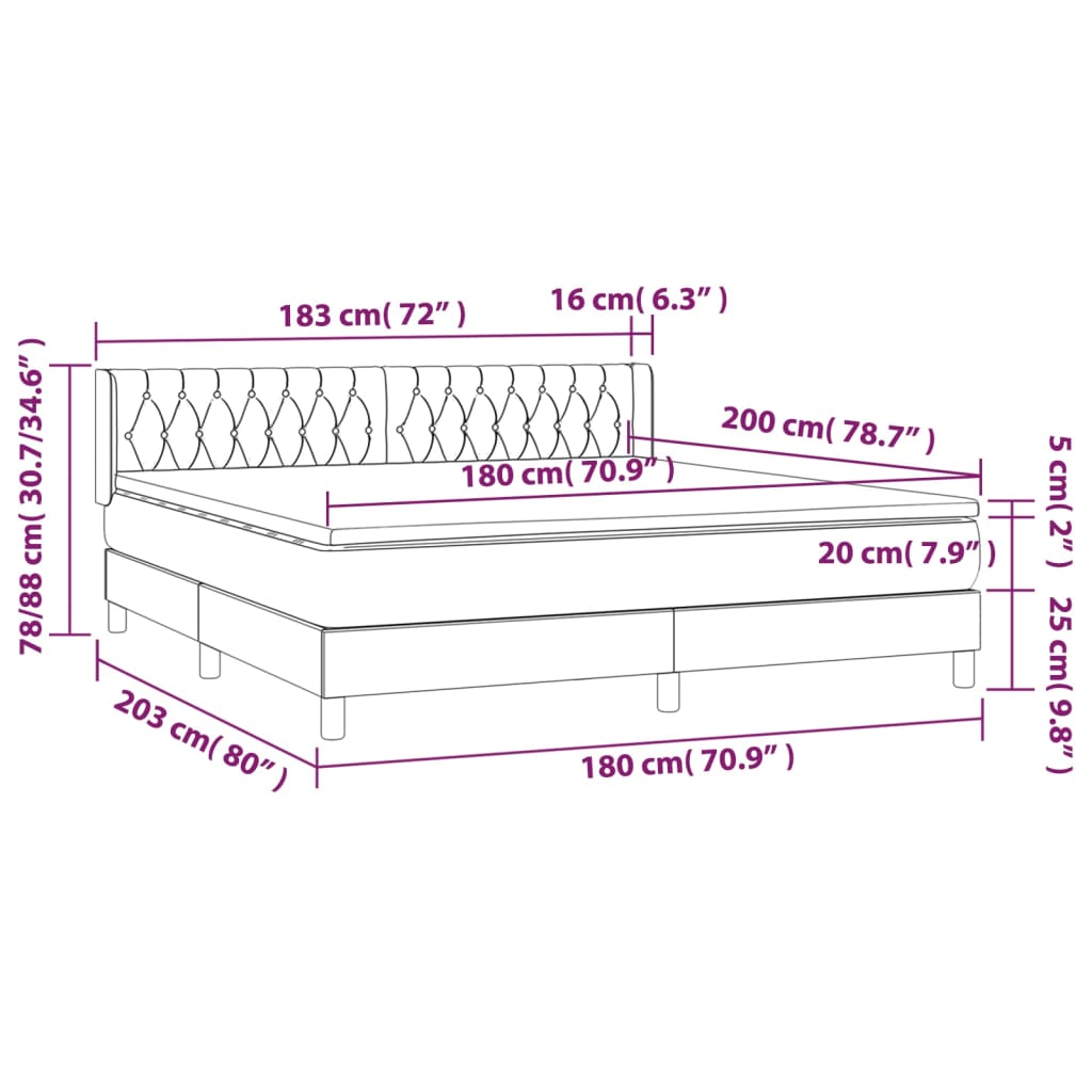 vidaXL Hólfað Springrúm með Dýnu Brúngrátt 180x200 cm Tauefni