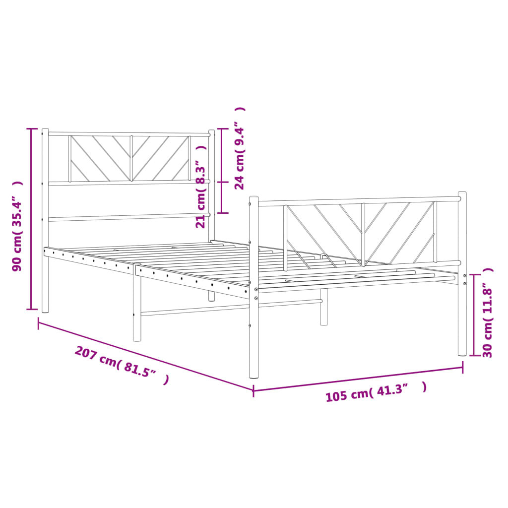 vidaXL Rúmgrind úr Málmi með Höfuðgafli & Fótagafli Hvít 100x200 cm