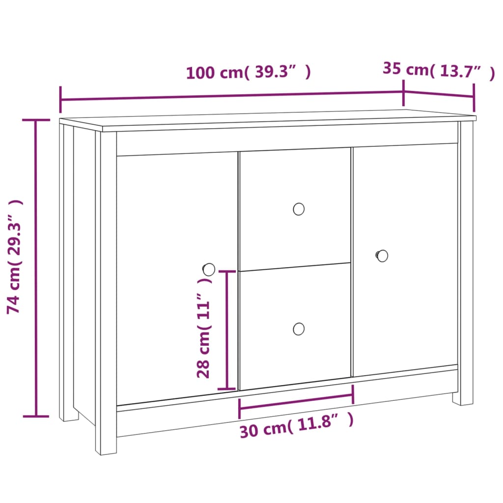 vidaXL Skenkur Hvítur 100x35x74 cm Gegnheil Fura