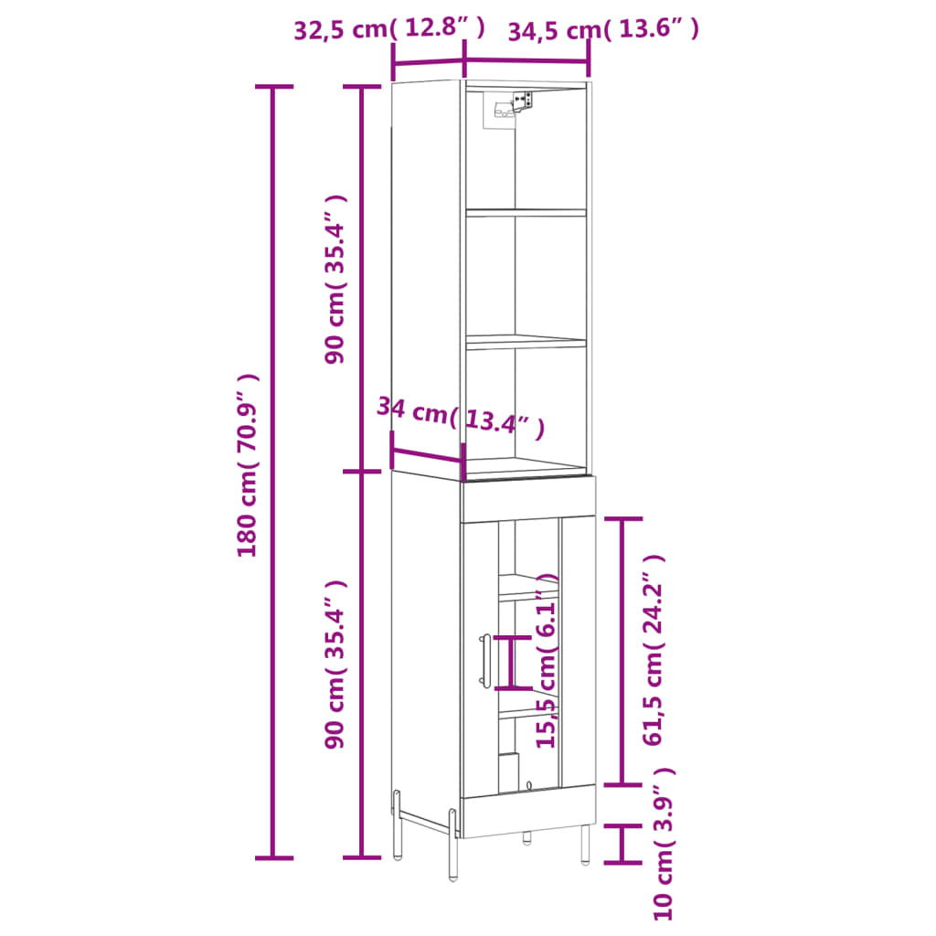 vidaXL Skenkur Háglans hvítt 34,5x34x180 cm Samsettur Viður