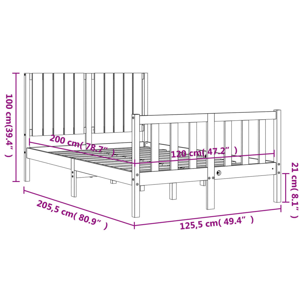 vidaXL Rúmgrind með Höfuðgafli 120x200 cm Gegnheill Viður