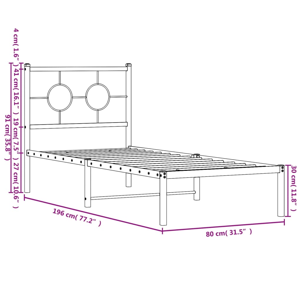 vidaXL Málmrúmgrind með Höfuðgafli Svört 75x190 cm