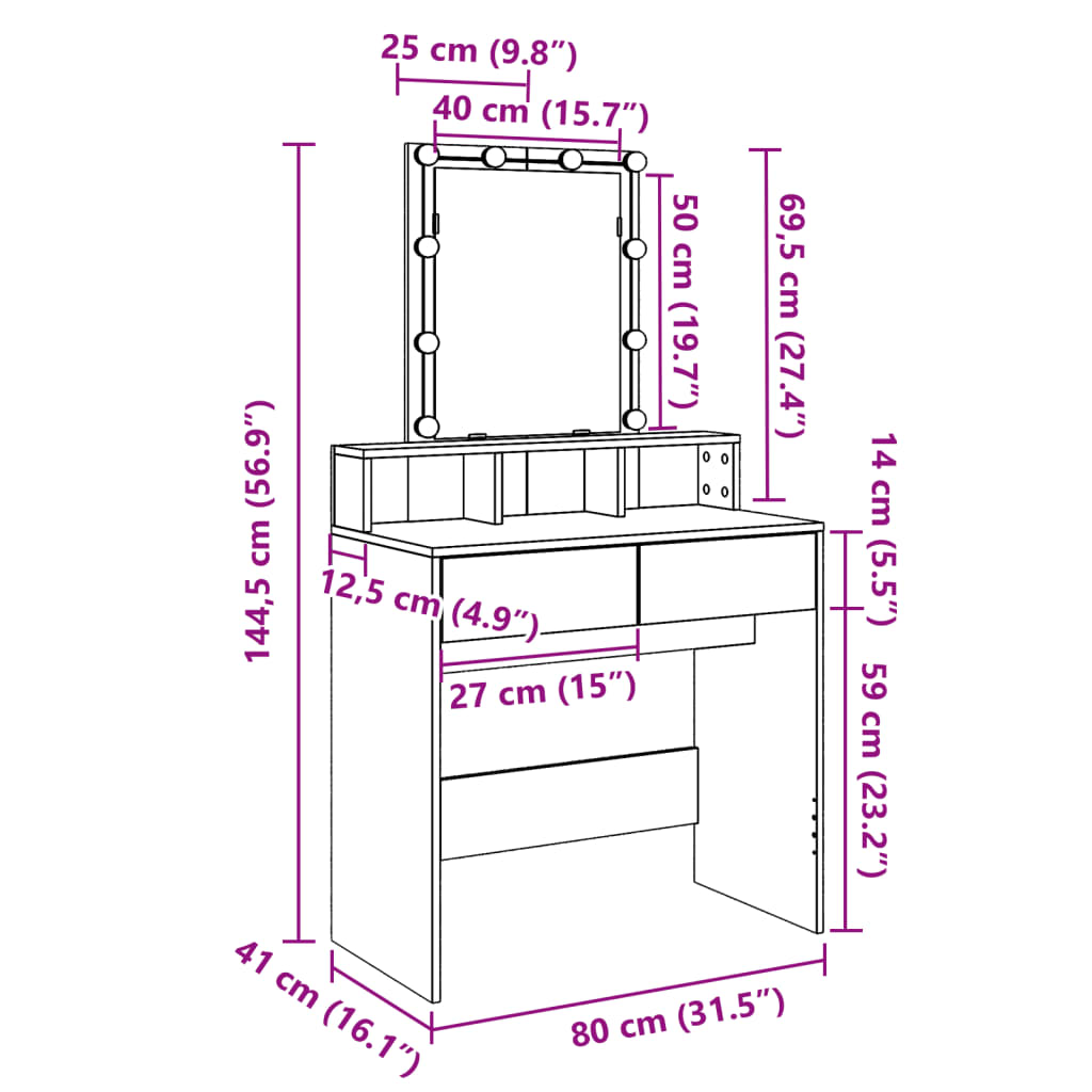 vidaXL Snyrtiborð með LED-ljósum Hvítt 80x41x144,5 cm