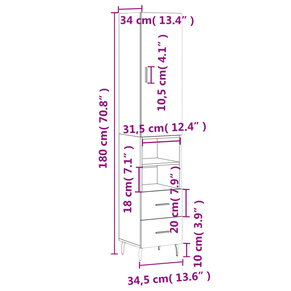 vidaXL Hár Skápur Sonoma Eik 34,5x34x180 cm Samsettur Viður