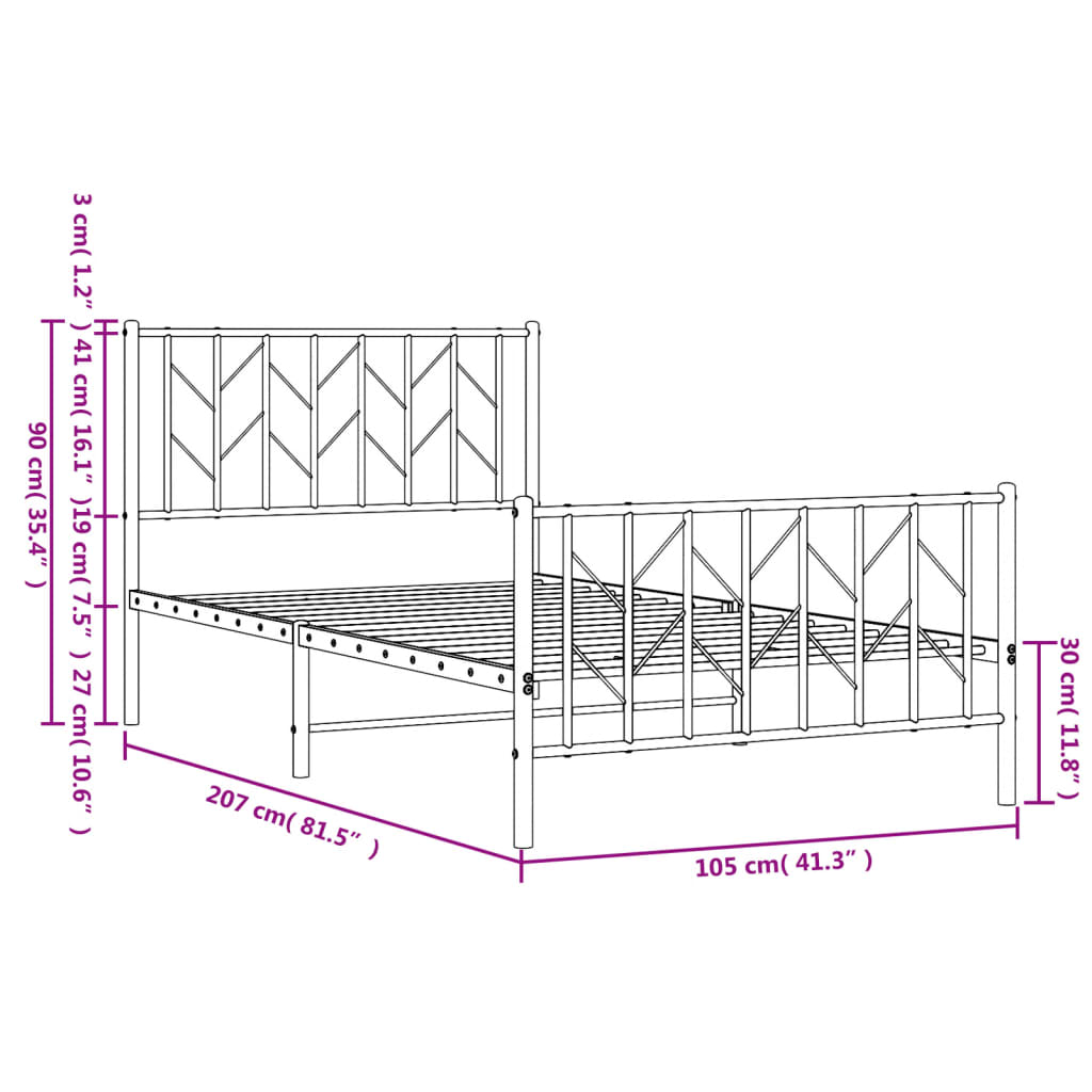 vidaXL Rúmgrind úr Málmi með Höfuðgafli & Fótagafli Svört 100x200 cm