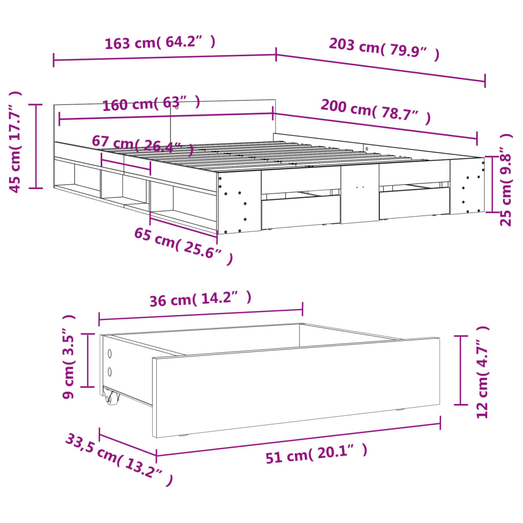 vidaXL Rúmgrind með Skúffum án Dýnu Sonoma Eikarlitur 160x200 cm