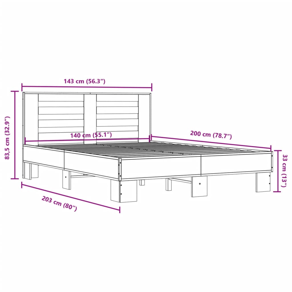 vidaXL Rúmgrind Reyktóna Eik 140x200 cm Samsettur Viður og Málmur