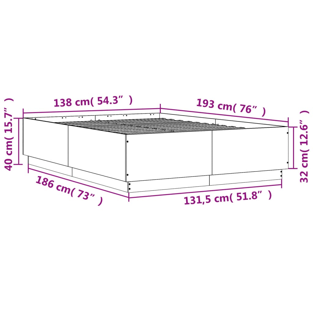 vidaXL Rúmgrind með LED án Dýnu Reyktóna Eikarlitur 135x190 cm