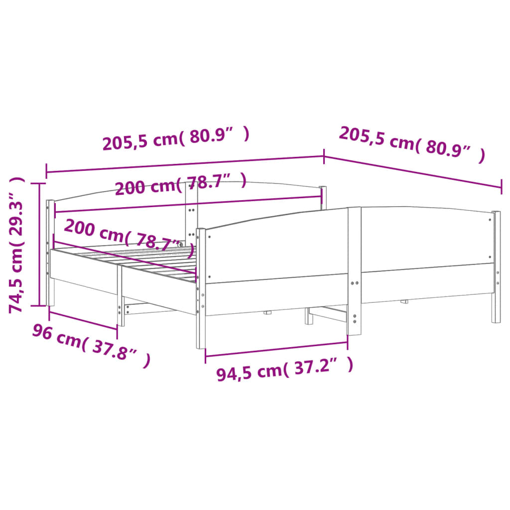 vidaXL Rúmgrind með Höfuðgafli 200x200 cm Gegnheil Fura