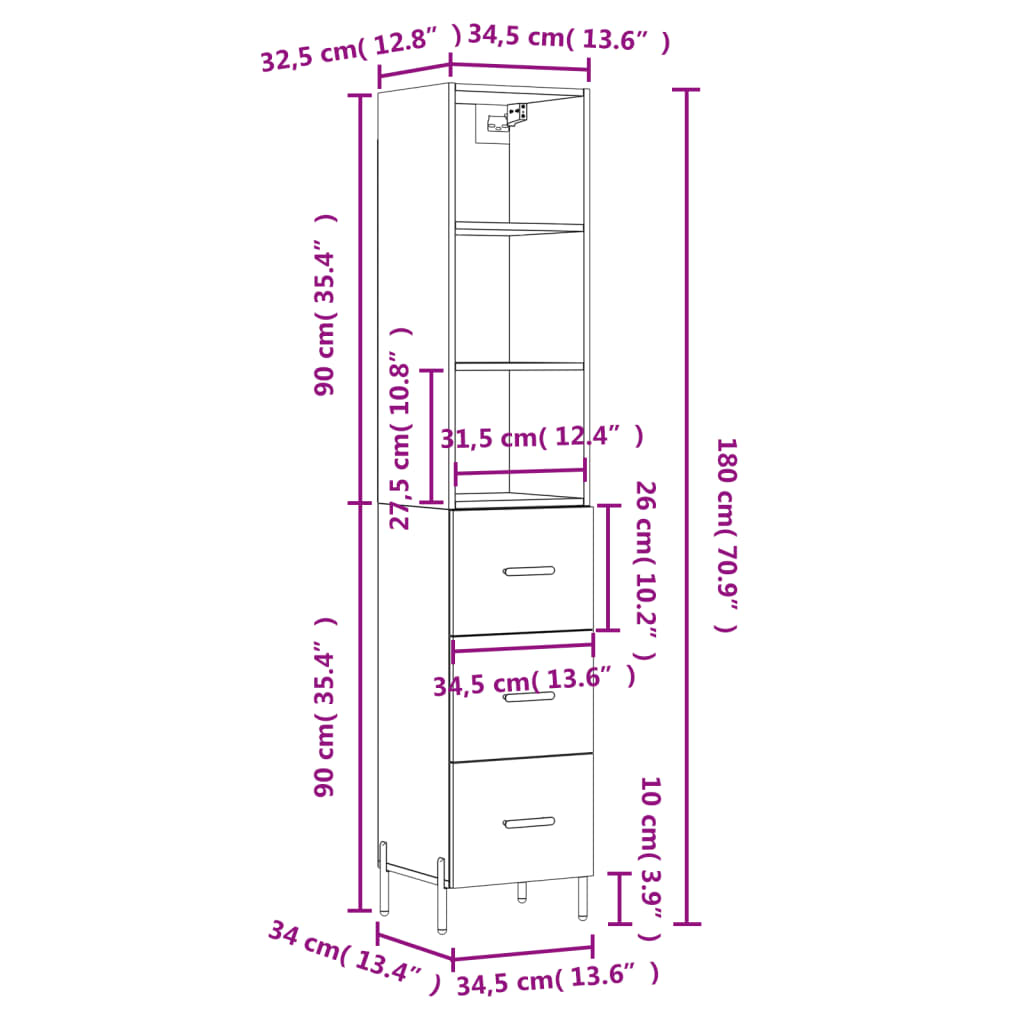 vidaXL Skenkur Háglans hvítt 34,5x34x180 cm Samsettur Viður