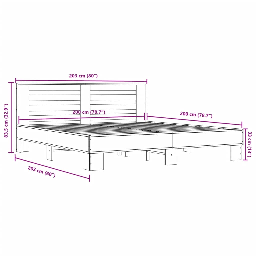 vidaXL Rúmgrind án Dýnu Gráir Sonoma Eik 200x200 cm