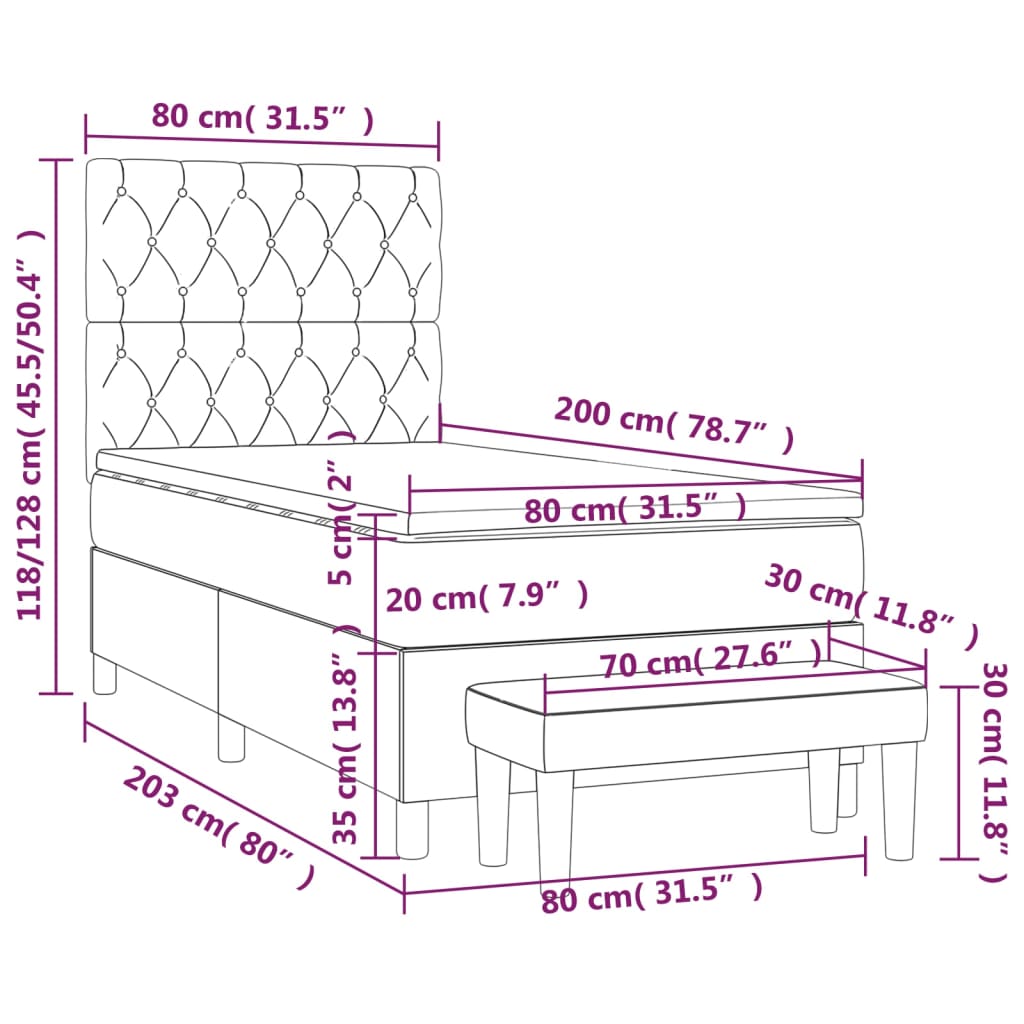 vidaXL Hólfað Springrúm með Dýnu Dökkgrátt 80x200 cm Flauel