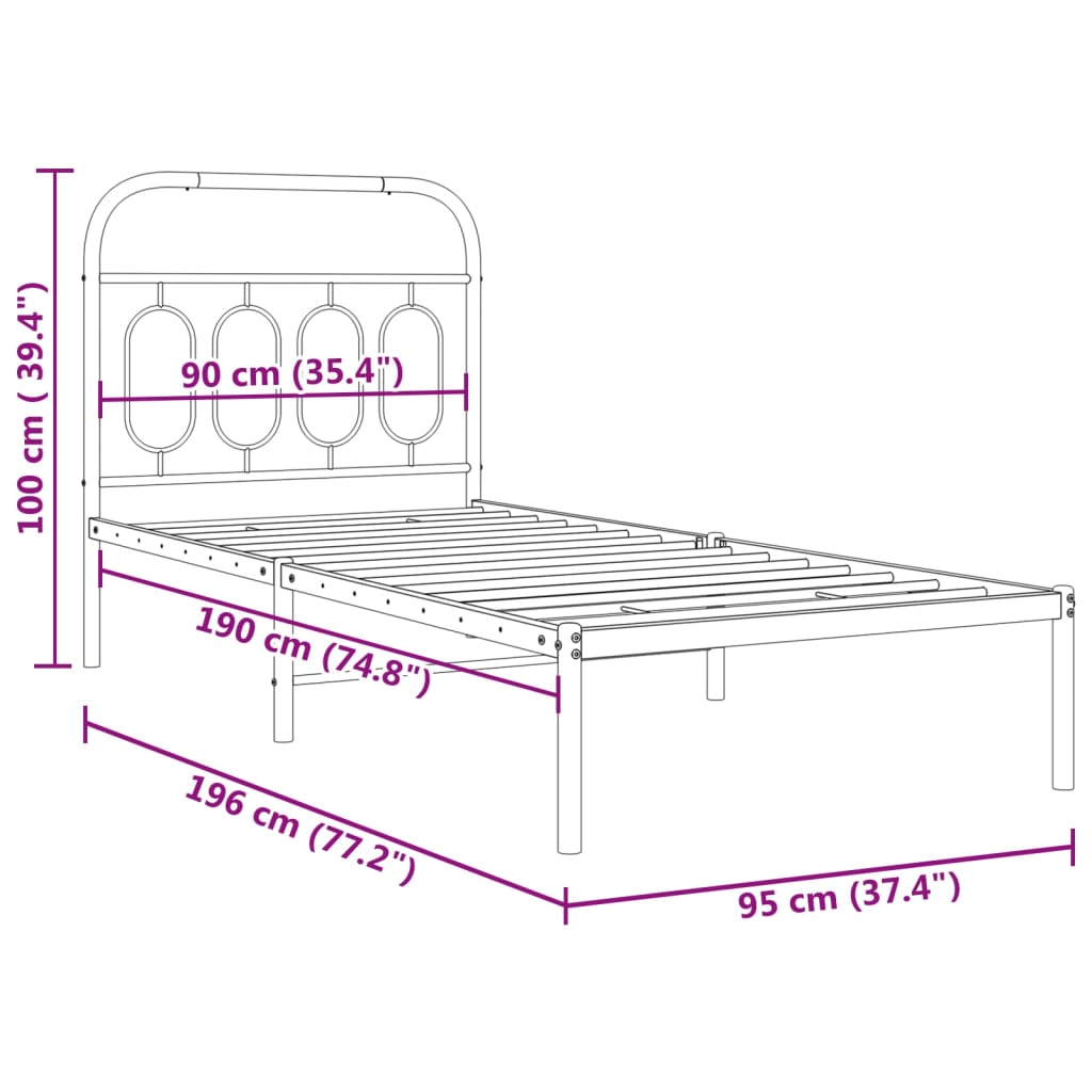 vidaXL Rúmgrind úr Málmi án Dýnu með Höfðagafli Svört 90x190 cm