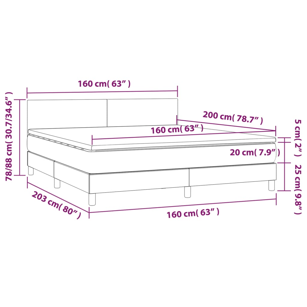 vidaXL Hólfað Springrúm með Dýnu&LED Blátt 160x200 cm Flauel