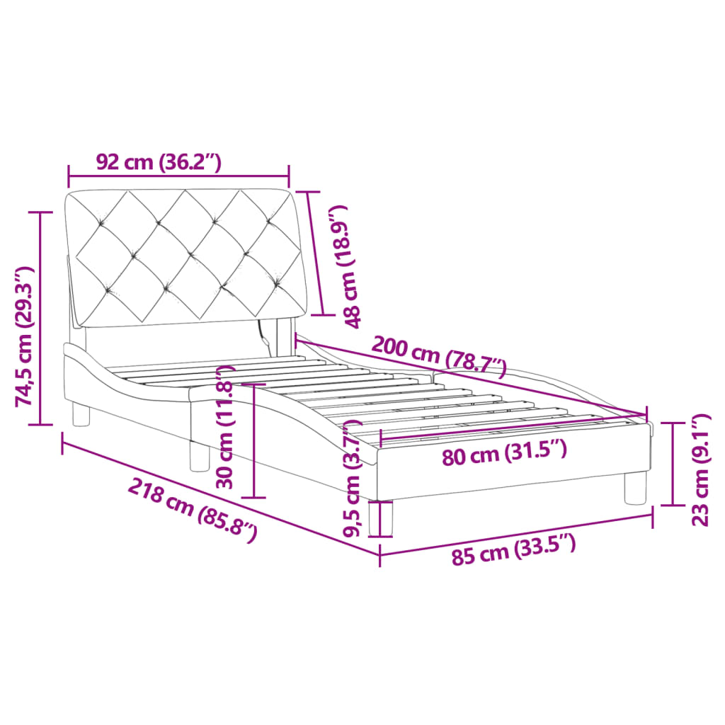 vidaXL Rúmgrind með LED án Dýnu Svört 80x200 cm Flauel