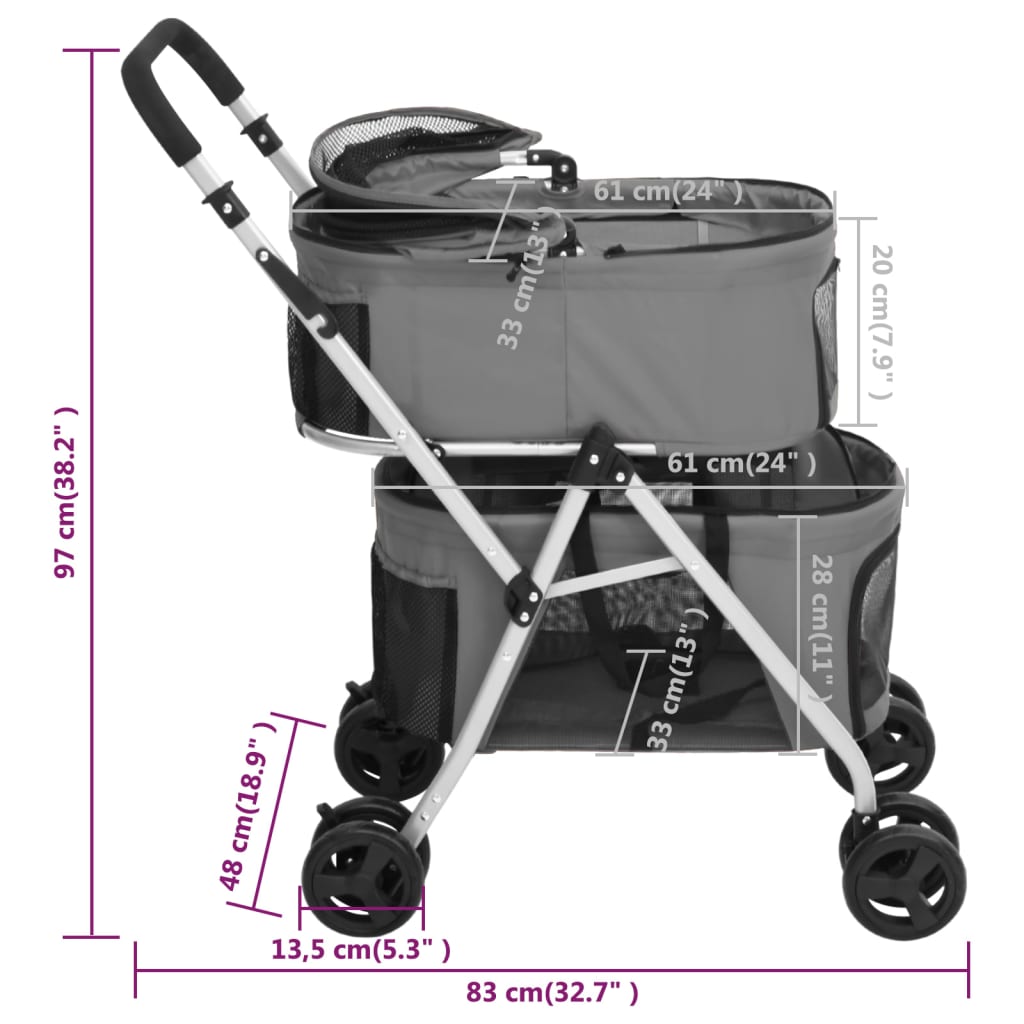 vidaXL 2-hæða Samfellanlegur Hundavagn Grár 83x48x97 cm Oxfordefni