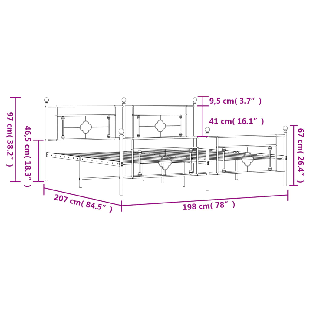 vidaXL Rúmgrind úr Málmi með Höfuðgafli & Fótagafli Svört 193x203 cm