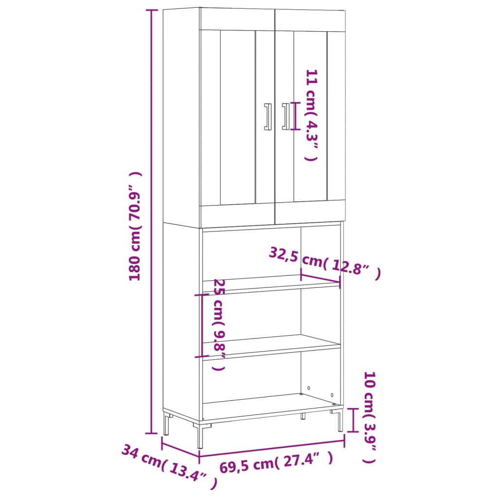 vidaXL Hár Skápur Hvítur 69,5x34x180 cm Samsettur Viður