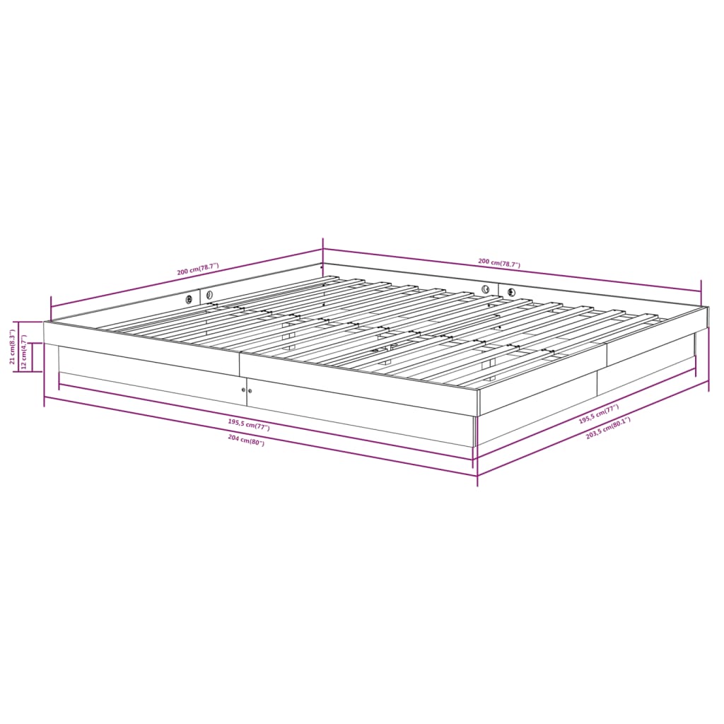 vidaXL Rúmgrind án Dýnu Svört Gegnheil Viður 200x200 cm