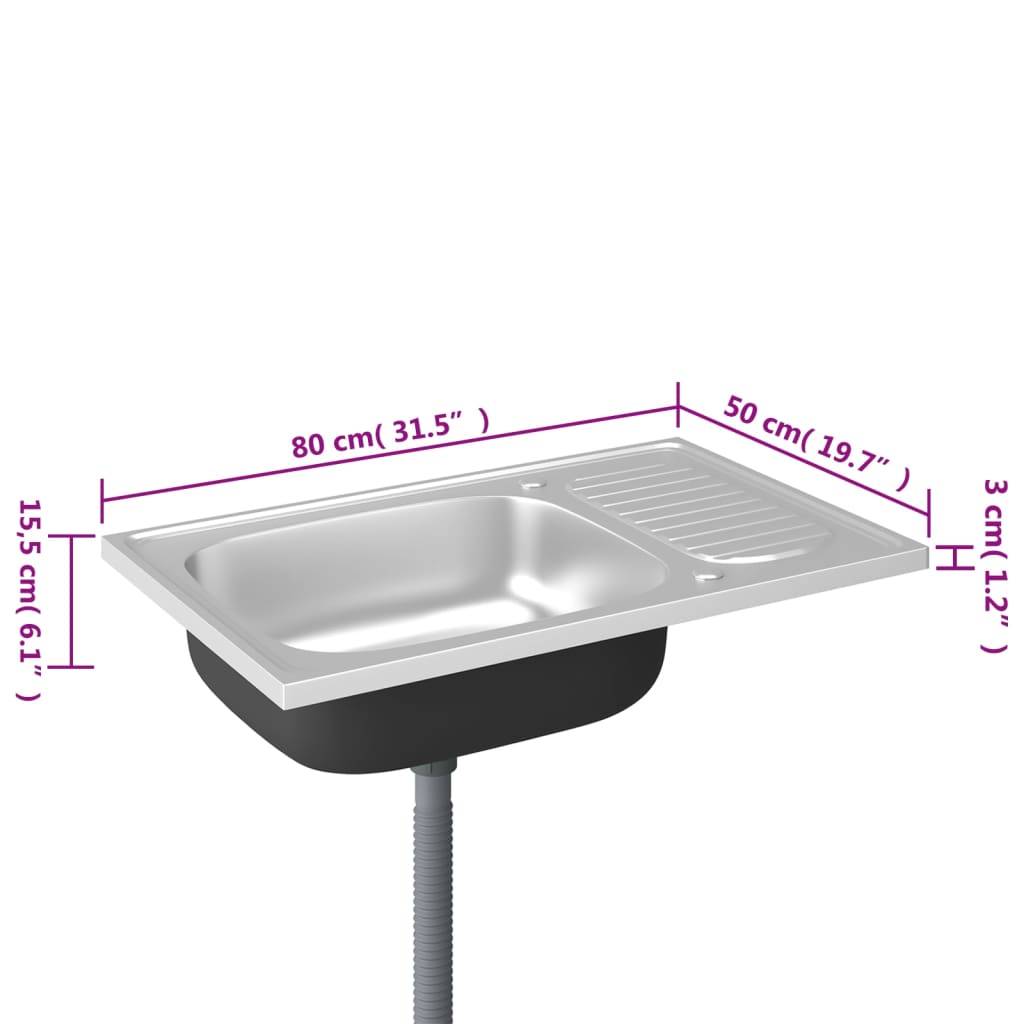 vidaXL Eldhúsvaskur Silfurlitaður m/ Rist 800x500x155 mm Ryðfrítt Stál