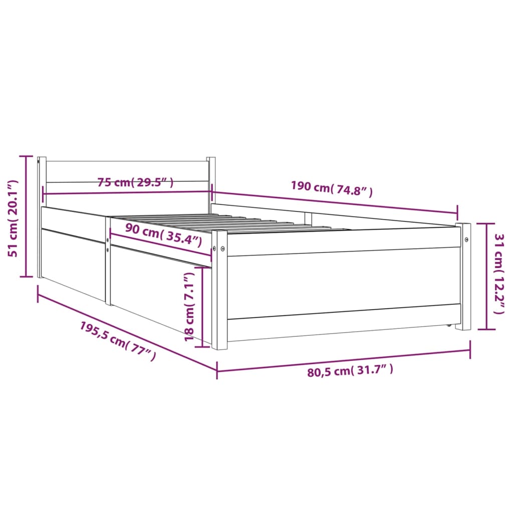 vidaXL Rúmgrind með Skúffum 75x190cm Lítil Einbreið