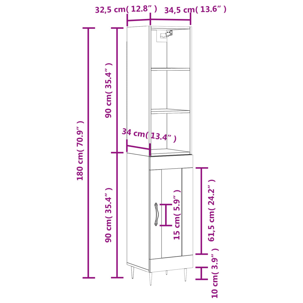 vidaXL Hár Skápur Steypugrár 34,5x34x180 cm Samsettur Viður